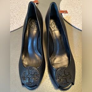 Tory Burch black wedges peep toe  size 8
